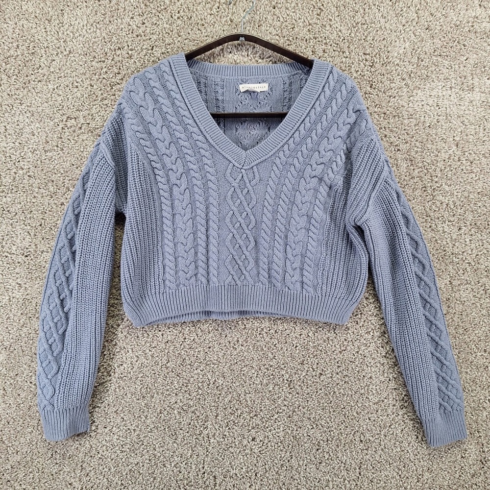 Aeropostale Sweater Womens M Blue Cable Knit V-Neck Cropped Preppy Casual
